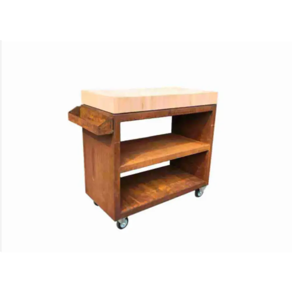 Table Roulante Quoco Tavolo Pro Large Corten 20012 – Plan de Travail Outdoor avec Planche Bois et Bac à Épices pour Cuisine Extérieure