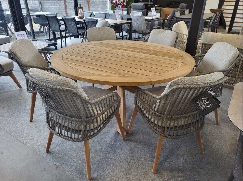 [4SO-213843 91306] Ensemble de jardin en promotion PRADO – Table ronde en teck Ø160 cm + 6 chaises – 4 Seasons Outdoor