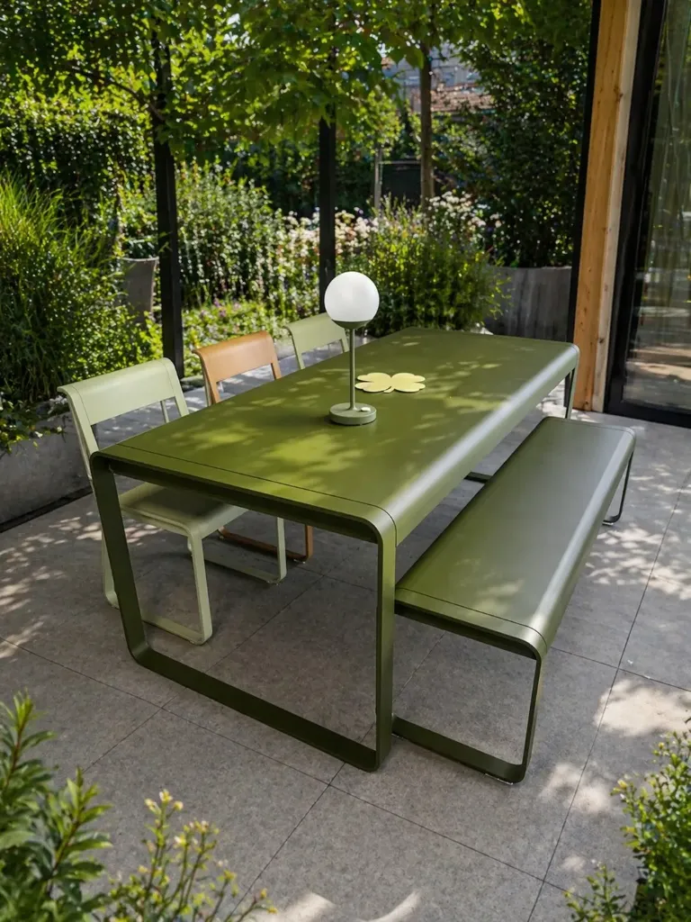 Ensemble de jardin en promotion Fermob Bellevie – Table + banc + chaises – design haut de gamme Belgique
