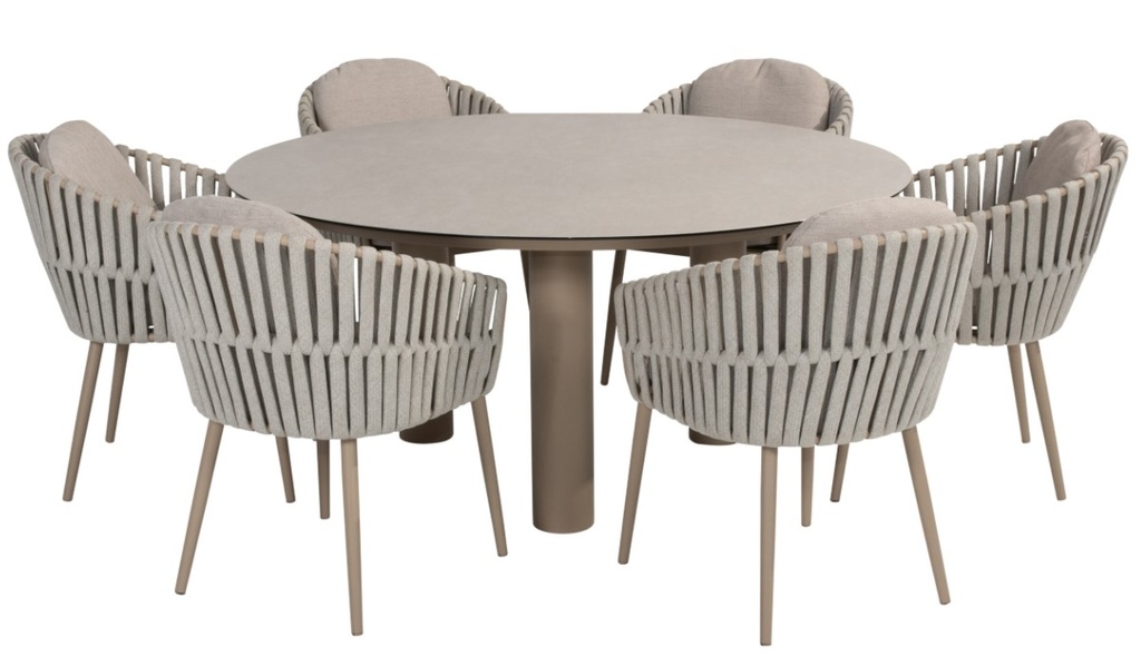 [4SO-9151591642] Ensemble de jardin Eva & Donato latté – Table ronde 160 cm + 6 chaises | 4 Seasons Outdoor