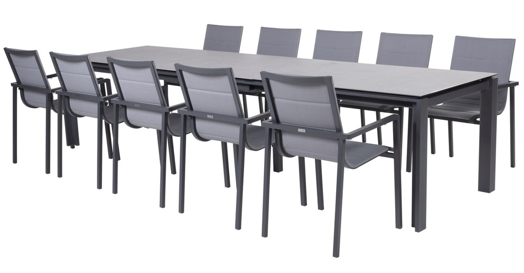 Ensemble de jardin extensible aluminium et céramique – Table OPTIMUM 220-340 cm + 10 chaises BARI empilables | 4 Seasons Outdoor