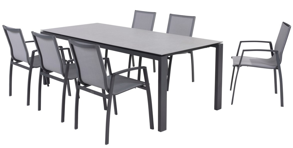 Ensemble de jardin aluminium anthracite avec table céramique 220 cm – 6 chaises empilables Torino | Promo