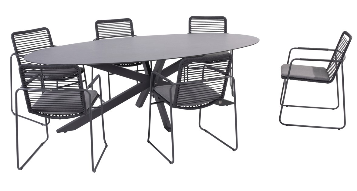 Ensemble de jardin en aluminium anthracite composé de 6 chaises ELBA et d'une table ovale PRIVADA - 4 SEASONS OUTDOOR
