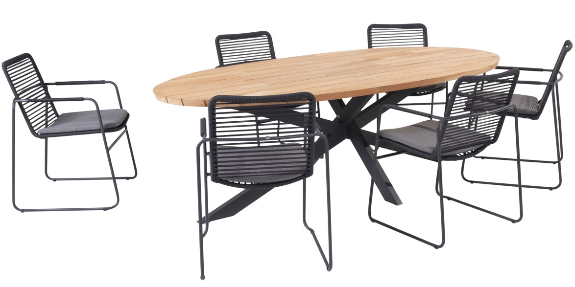 Ensemble de jardin en aluminium composé d'une table PRADO dont le plateau est en teck et de 6 chaises ELBA - TASTE by 4 seasons outdoor