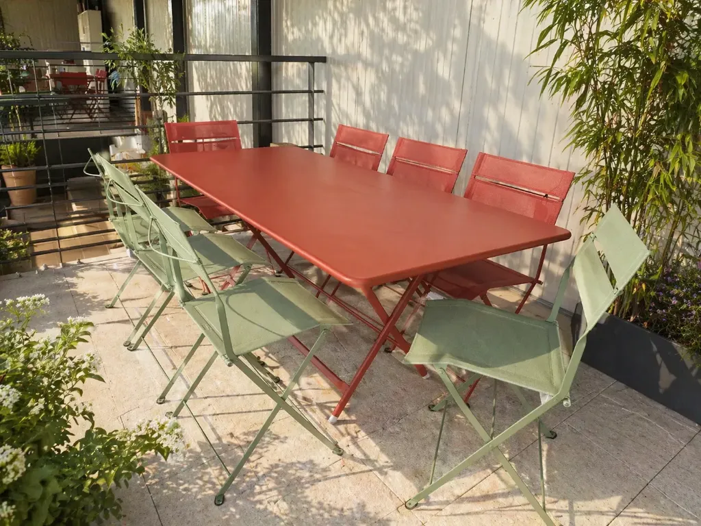 Ensemble de jardin Fermob Caractère + Latitude – 8 places – acier ocre rouge & cactus