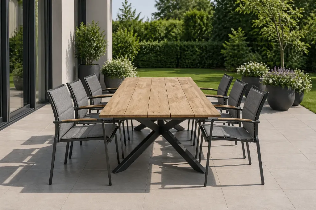 Ensemble de jardin teck 280 cm MINERVA avec 8 chaises Melbourne – Déstockage | 4 Seasons Outdoor