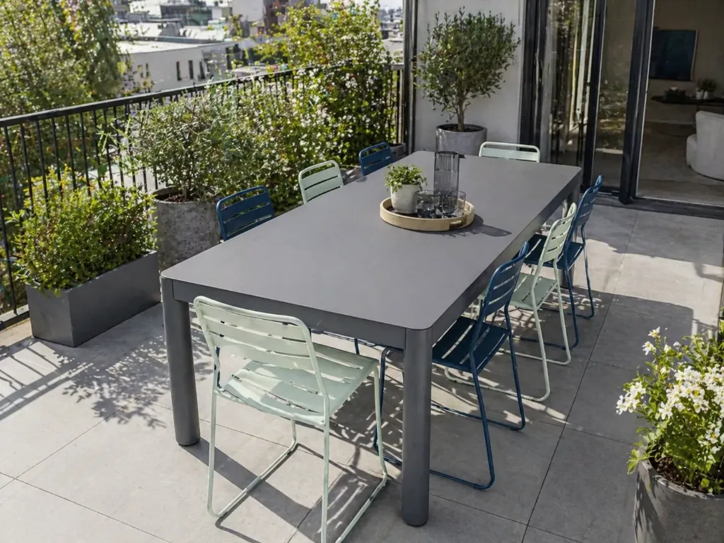 [FERMOB-RIBAMBELLE ORAGE] Ensemble extérieur en promotion Fermob Ribambelle + chaises Surprising – table extensible aluminium Belgique