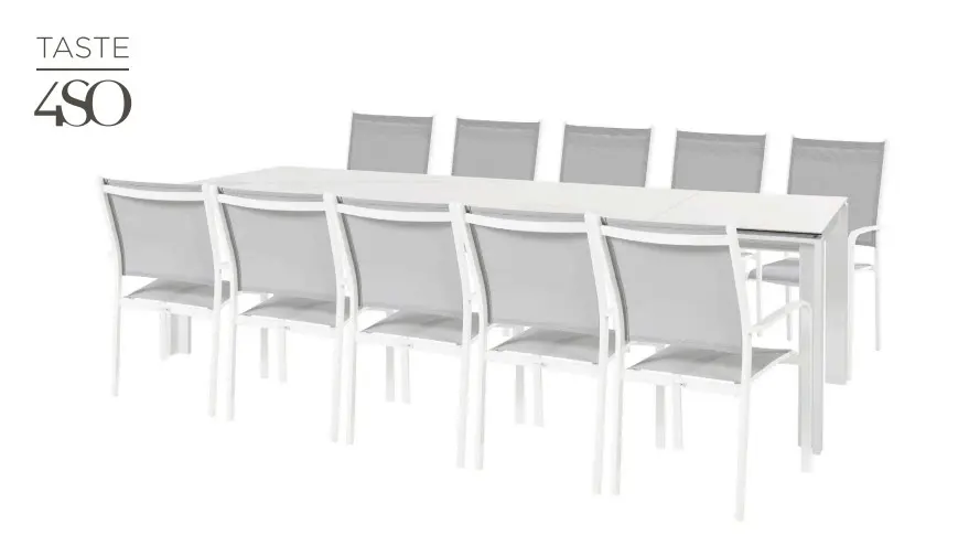 [4SO-OPTIMUM BLANCHE] Table de jardin extensible blanche effet marbre + 10 chaises Tosca – ensemble extérieur haut de gamme Belgique de 4 seasons outdoor