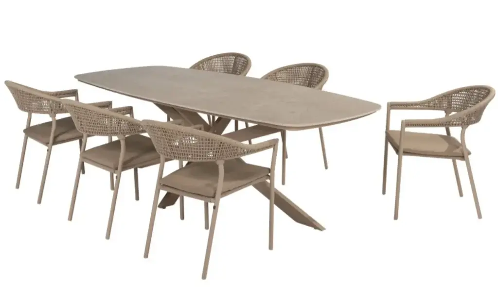 Ensemble de jardin Prado & Sienna latté – Table céramique 240 cm + 6 chaises | 4 Seasons Outdoor