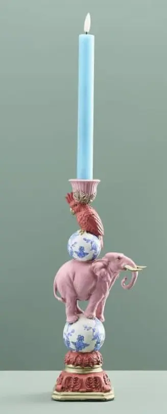 Bougeoir Oiseau sur Éléphant, Résine Rose, 13x9x30,5 cm