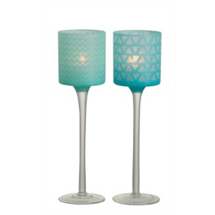 [J-LINE PHOTOPHORE] Photophore sur pied en verre bleu - lot de 2 - J-LINE, 5415203818973