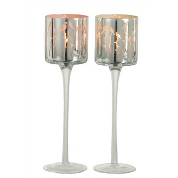 Photophore J-Line sur pied verre oiseaux small – Lot de 2 bougeoirs décoratifs élégants et naturels