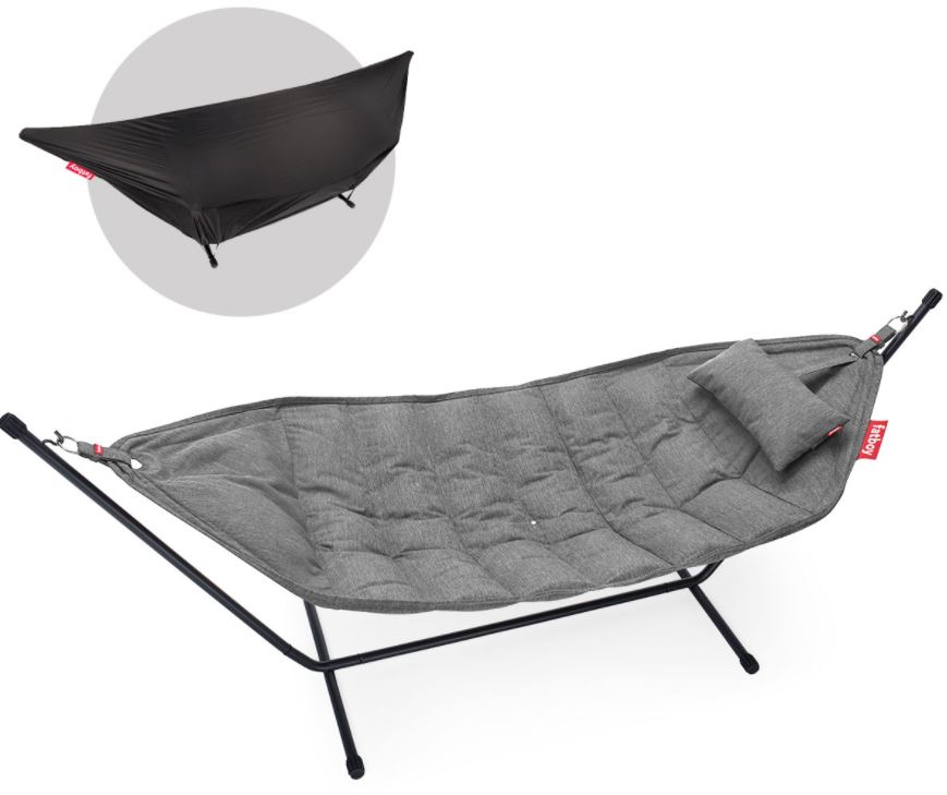 Hamac Fatboy Headdemock Superb Deluxe Rock Grey avec support, coussin et housse – hamac 2 places pour jardin et terrasse