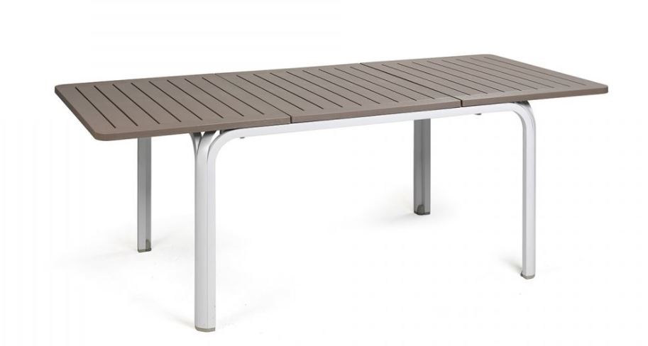 Table de jardin extensible ALLORO 140/210 cm – Plateau taupe & pieds blancs – Nardi Outdoor