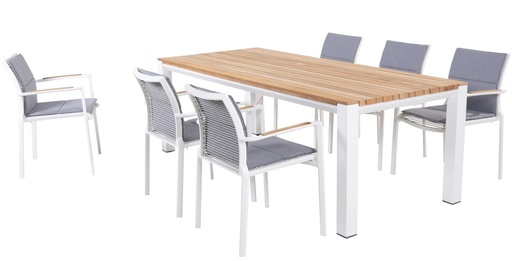 [4SO - 91045 91295] Ensemble de jardin en aluminium blanc et en teck - MELBOURNE et RIDGE - TASTE by 4 seasons outdoor, 91295, RIDGE, MELBOURNE, 91045