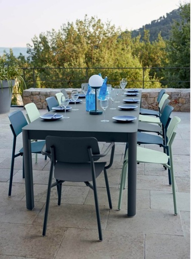 [FERMOB - RIBAMBELLE] Ensemble extensible RIBAMBELLE 149/299 x 100 cm + 8 chaises STUDIE BRIDGE - de FERMOB, ROMARIN, RIBAMBELLE, STUDIE