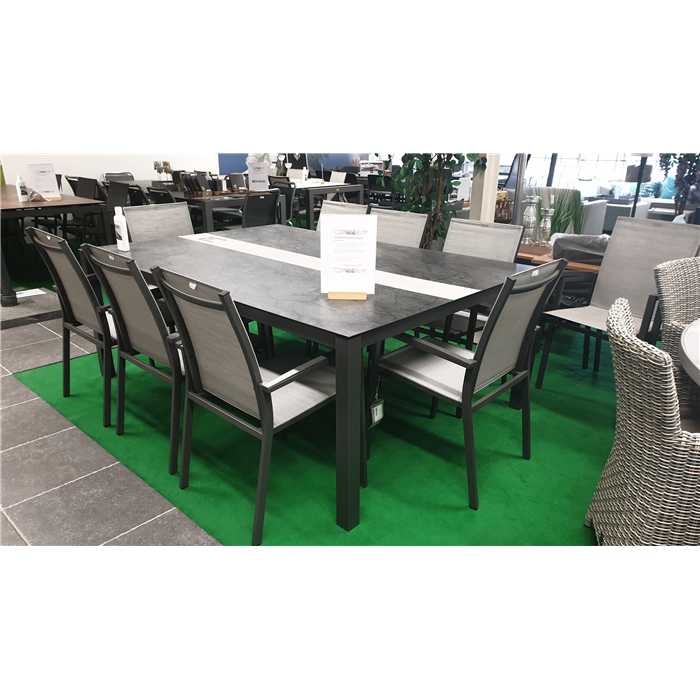 [STERN 431990 417179] Ensemble de jardin avec une table TRIPARTITE - aluminium anthracite et plateau en marbre foncé et 8 chaises LEVANTO - STERN