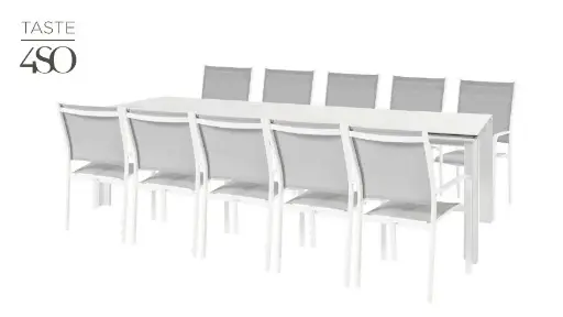 [4SO-OPTIMUM BLANCHE] Ensemble de jardin avec table extensible blanche OPTIMUM 220/280/340 cm et 10 chaises TOSCA