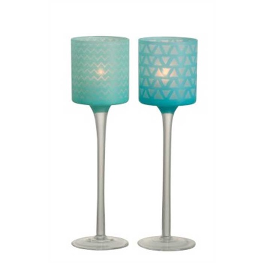 [J-LINE PHOTOPHORES] Photophore sur pied en verre bleu - large - lot de 2 - J-LINE, 5415203818980